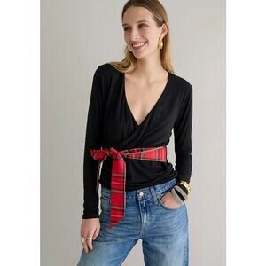 J Crew Formknit Plaid Belted Wrap Top Womens Medium Black Y2K Chic Goth Preppy